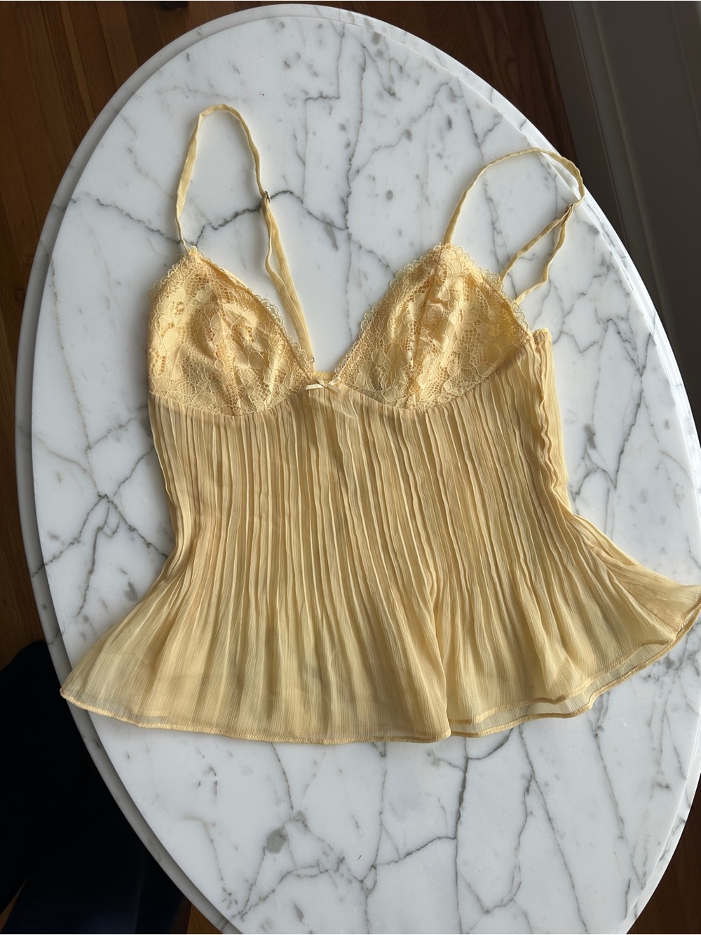 Princess Polly Pale Yellow Lace Pleated Tank Top
